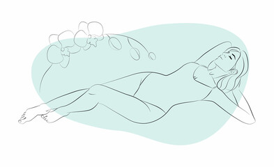 Vector illustration of a young woman in a one-piece swimsuit with floral ornament and abstracts on the background