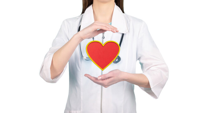 Female doctor mockup Heart in hand. handrawn human organ, red as symbol of disease. Healthcare hospital service concept stock photo