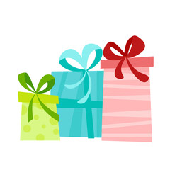 Set of three colored gift boxes with bows