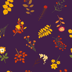 Fototapeta na wymiar autumn seamless background, leaves, flowers pattern