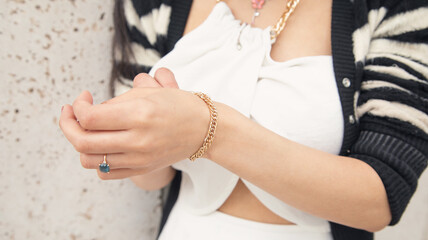 Woman with jewellery bracelet fashion style. - obrazy, fototapety, plakaty