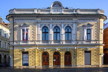 Academia Philarmonic on Congress square of Ljubljana, Slovenia - obrazy, fototapety, plakaty