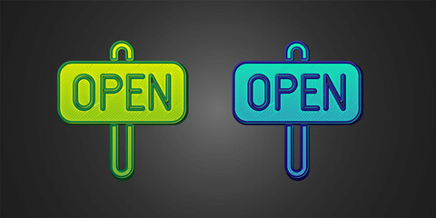 Green and blue Hanging sign with text Open door icon isolated on black background. Vector