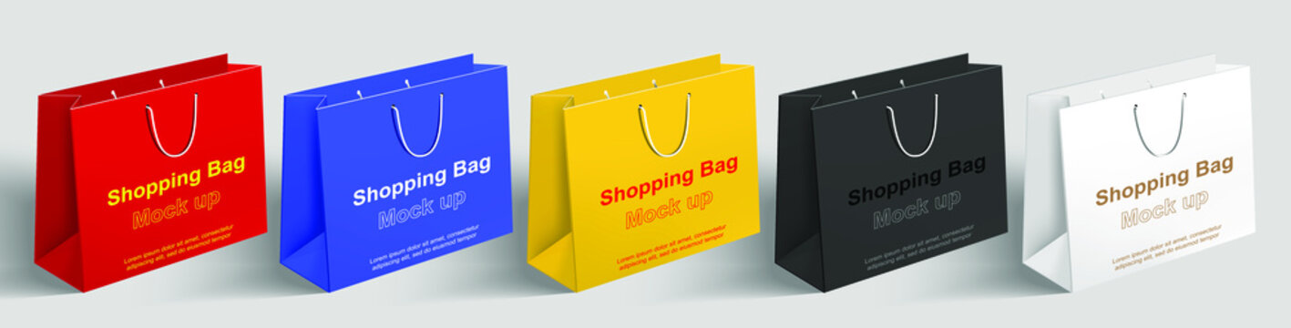 3D colorful shopping bag mock up. Blank packaging template design. horizontal paper package with copy space. 3d isolated on background. realistic vector illustration.
