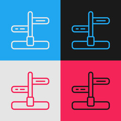 Pop art line Road traffic sign. Signpost icon isolated on color background. Pointer symbol. Isolated street information sign. Direction sign. Vector