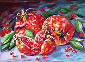 Oil digital painting still-life with pomegranates, colorful impressional style