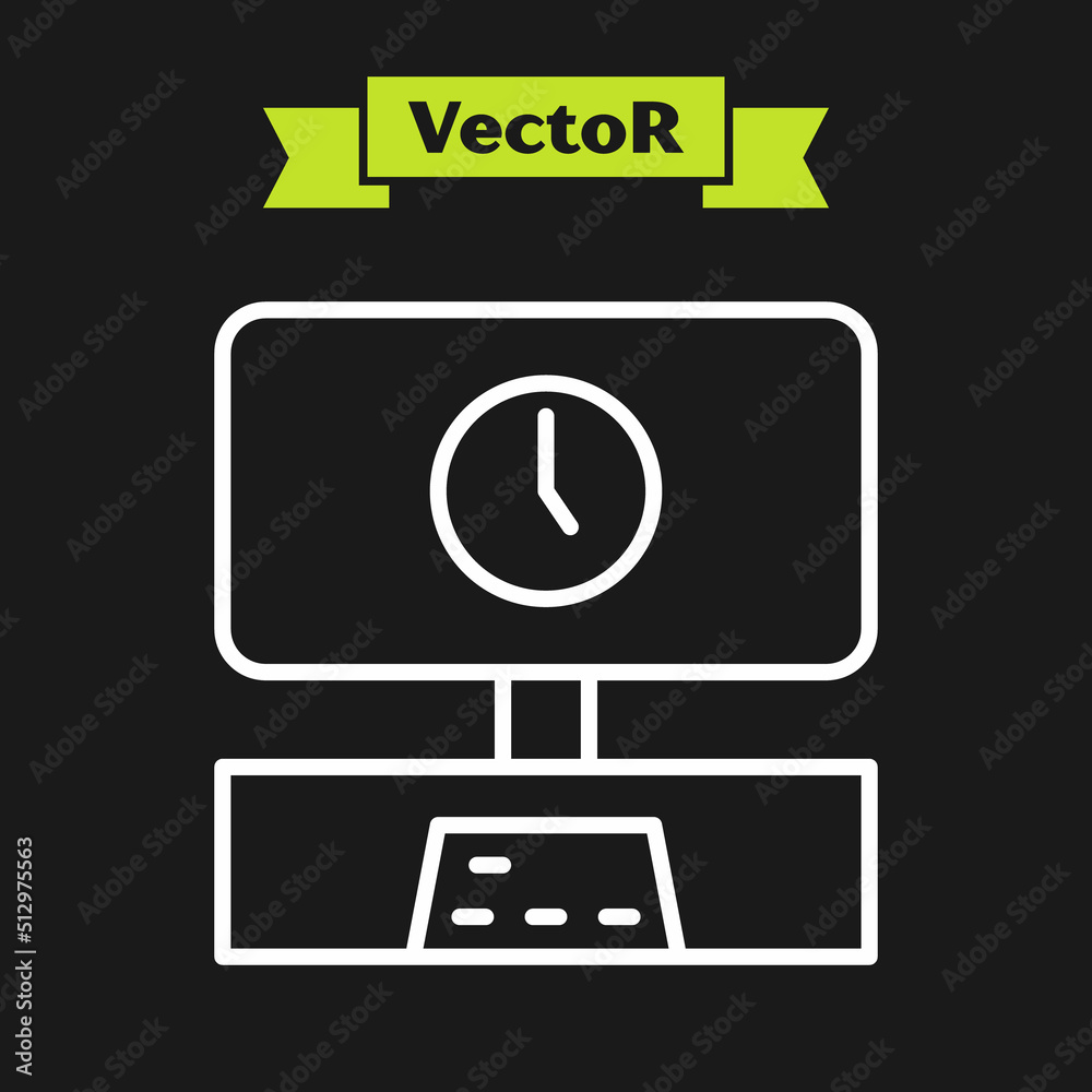 Poster white line smart tv time icon isolated on black background. television sign. vector