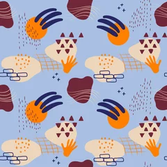 Fotobehang Seamless pattern with abstract shapes: spots, lines, dots, circles. Design elements on a blue background. Vector illustration © Маруся Палкина