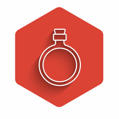 White line Canteen water bottle icon isolated with long shadow. Tourist flask icon. Jar of water use in the campaign. Red hexagon button. Vector