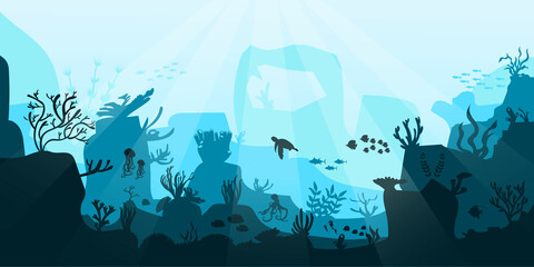 Underwater ocean background. Black silhouettes swimming sea fish with corals and vector plants.