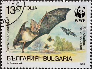 BULGARIA - CIRCA 1989: a postage stamp from BULGARIA showing a Greater Horseshoe Bat (Rhinolophus ferrumequinum). WWF icon. Circa 1989