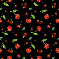 Red cherry. Seamless pattern. Cherry on a black background. Watercolor illustration. For fabric or packaging design.