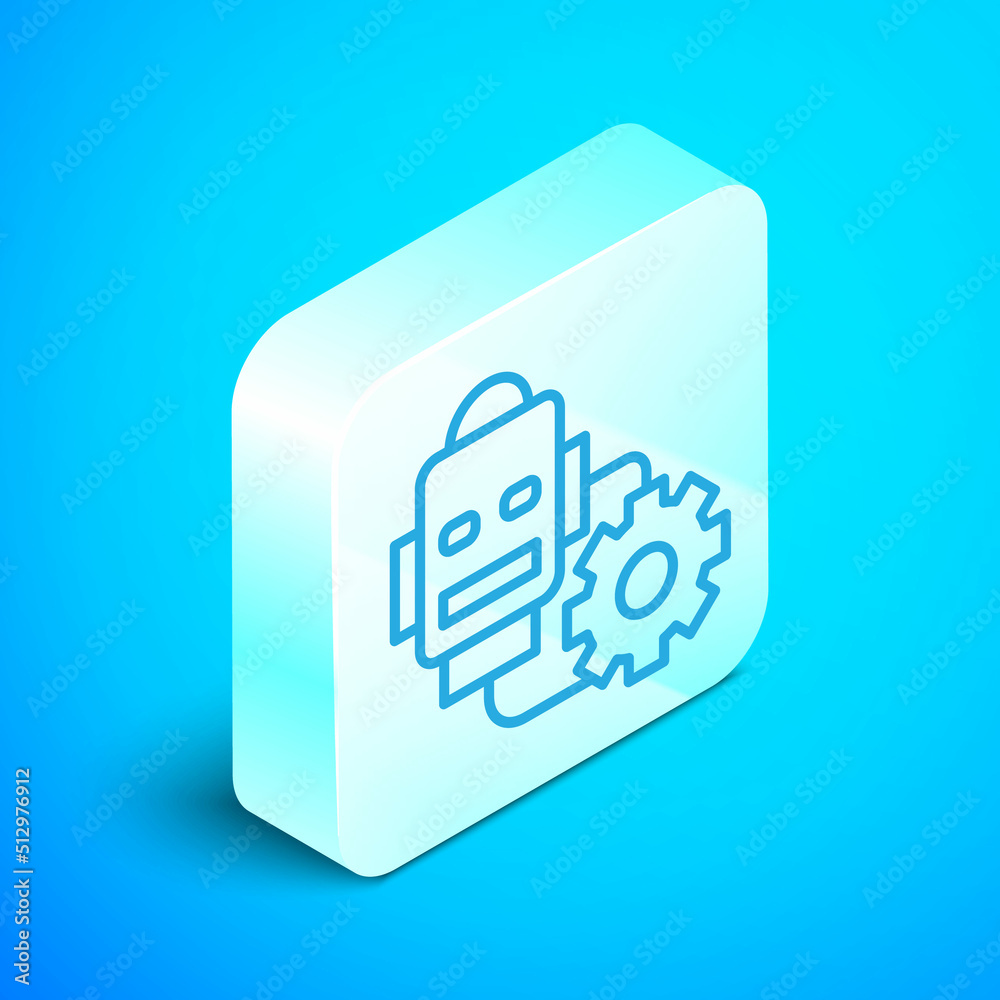 Poster isometric line robot setting icon isolated on blue background. artificial intelligence, machine lear