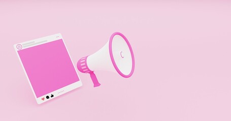 Social media Post information, megaphone announces notification banner sign megaphone on pink background with copy space. 8k high resolution JPEG 3d illustration