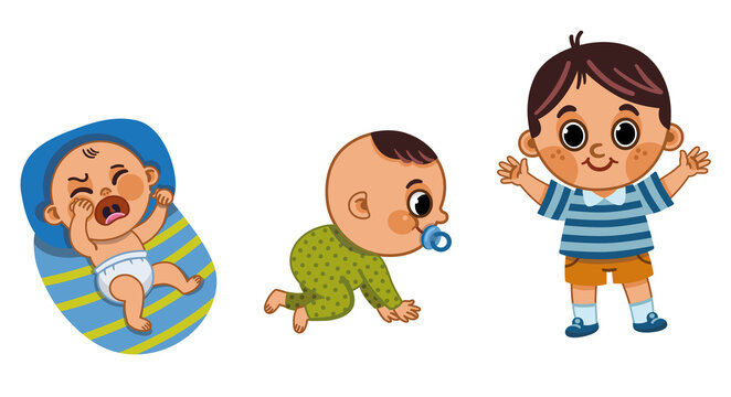 Stages of development of a boy from infancy to childhood. Vector illustration.