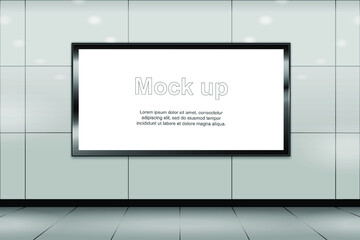 3d horizontal signage mock up. Blank billboard located in underground hall or subway for advertising template design. Realistic frame with copy space. isolated vector illustration.