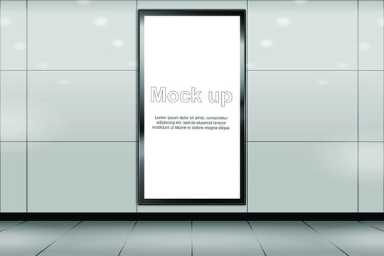 3d Vertical Signage Mock Up. Blank Billboard Located In Underground Hall Or Subway For Advertising Template Design. Realistic Frame With Copy Space. Isolated Vector Illustration.