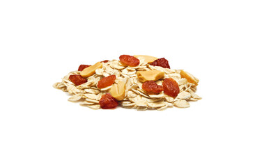 Oatmeal flakes mixed with nuts and raisins close up isolated on white background