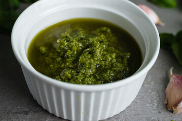 Pesto sauce. Basil pesto. Close-up