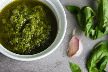 Pesto sauce. Basil pesto. Close-up