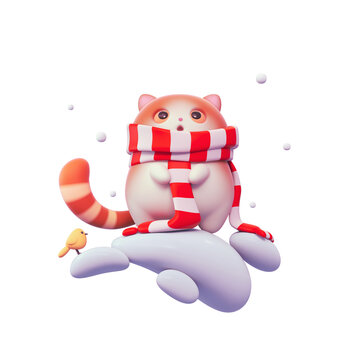 Surprised kawaii fat red cat wears scarf with open mouth, big orange eyes, striped tail stands on its hind legs on floating cloud with bubbles, snow, yellow bird. 3d render isolated on white backdrop.