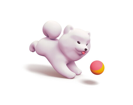 Cute fluffy kawaii puppy with red tongue sticking out of his mouth, big smile on his face, dot eyes runs catching yellow-red ball. Cartoon dog in minimal style. 3d render isolated on white backdrop.