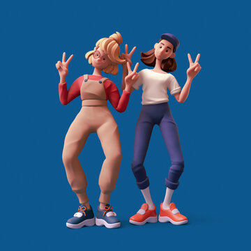 Two cute kawaii funny positive brunette blonde girls wear trendy casual clothes show fingers doing peace sign, victory symbol, success. Best friends have fun, dancing pose. 3d render on blue backdrop.