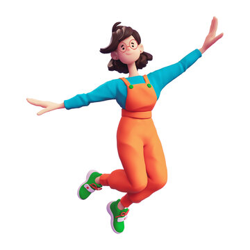 Excited cute сasual asian active brunette girl in orange overalls, turquoise t-shirt, green sneakers jumping in air imitate the flight of airplane with her hands. 3d render isolated on white backdrop.