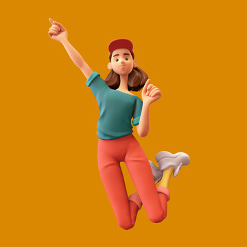 Excited smiling сasual asian kawaii active brunette girl wears green t-shirt, red jeans, cap, white sneakers, yellow socks jumping in the air, have fun. 3d render in minimal style on orange backdrop.