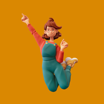 Excited funny smiling сasual asian kawaii active brunette girl in glasses wears green overalls, red t-shirt, yellow sneakers jumping in the air, have fun. 3d render in minimal style on orange backdrop