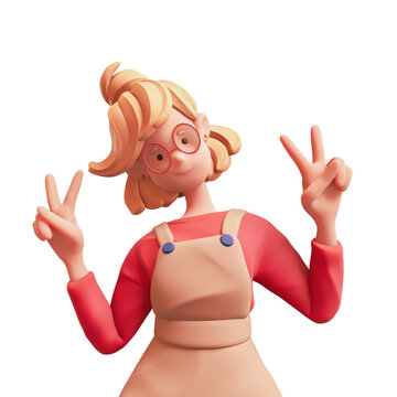 Portrait of kawaii positive blonde girl in glasses wears brown overalls, red t-shirt shows fingers doing peace sign, victory symbol, number two, success, have fun. 3d render isolated on white backdrop