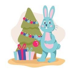 A rabbit is decorating a Christmas tree. Symbol of the year, flat vector illustration