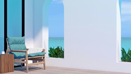 Sea view terrace. A wooden terrace of modern classic building with ocean view, white blank wall with a pool-side chair and white towel on it. 3D illustration. - 512982375