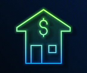 Glowing neon line House with dollar symbol icon isolated on blue background. Home and money. Real estate concept. Vector