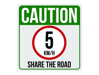 Share the road 5km/h. Caution with full speed on the road. Green traffic sign.