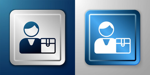 White Buyer icon isolated on blue and grey background. Silver and blue square button. Vector