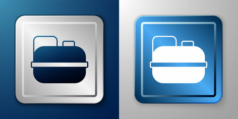 White Canister for gasoline icon isolated on blue and grey background. Diesel gas icon. Silver and blue square button. Vector