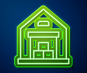 Glowing neon line Warehouse icon isolated on blue background. Vector