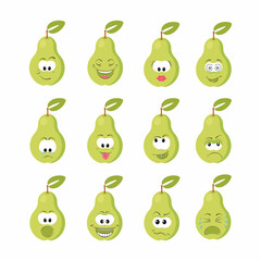 green pear with kawaii eyes. Flat design vector illustration of green pear 
on white background.