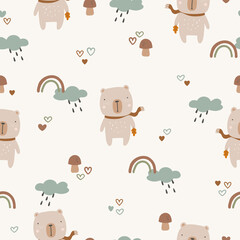 Seamless childish pattern with bear, rainbow and mushrooms. Creative childish urban texture for fabric, wrapping, textile, wallpaper, clothing. Vector illustration.