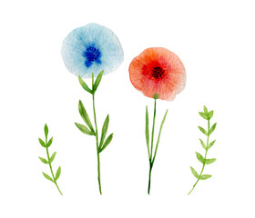 Blue and red abstract flowers and green herbs. Watercolor illustration isolated on white background.