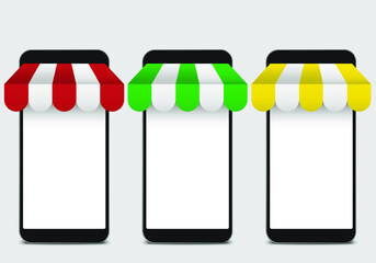 Realistic 3d black smartphone with canopy mockup collection​ isolated on background. modern mobile phone collection with copy space. online shopping technology vector illustration