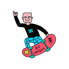 Trendy young boy with square head freestyle on skateboard, illustration for t-shirt, street wear, sticker, or apparel merchandise. With retro, and cartoon style.