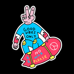 Trendy man with peace hand riding skateboard, illustration for t-shirt, street wear, sticker, or apparel merchandise. With retro, and cartoon style.