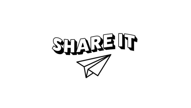 share it animation text in white and back color, origami plane animation icon shape in white color on white background.