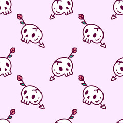 Aesthetic skeleton head arrow and rose on pink background seamless pattern. Modern vintage, pop art style seamless pattern concept.