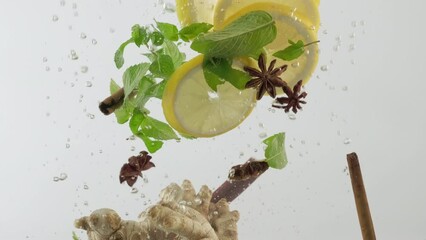 Citrus lemonade with spices. Fresh yellow lemon, ginger, mint, cinnamon, star anise falling into water with bubbles and floating in cold water slow motion close-up - Powered by Adobe