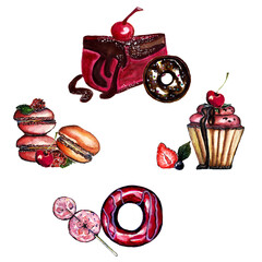 Watercolor illustration colorful set of cupcake and macaroons,chocolate cake, donuts,decorated with berries ,for wedding card,valentines day,birthday invitations,cafe menu,print.