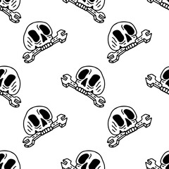 Cool skull and wrench on white background seamless pattern. Modern vintage, pop art style seamless pattern concept.