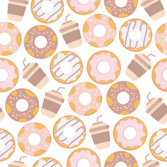 Tasty doughnut. Pattern with bagel and coffee cup